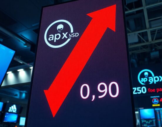 Digital display showing apxUSD stablecoin price drop to $0.90 with a red arrow in a financial newsroom.