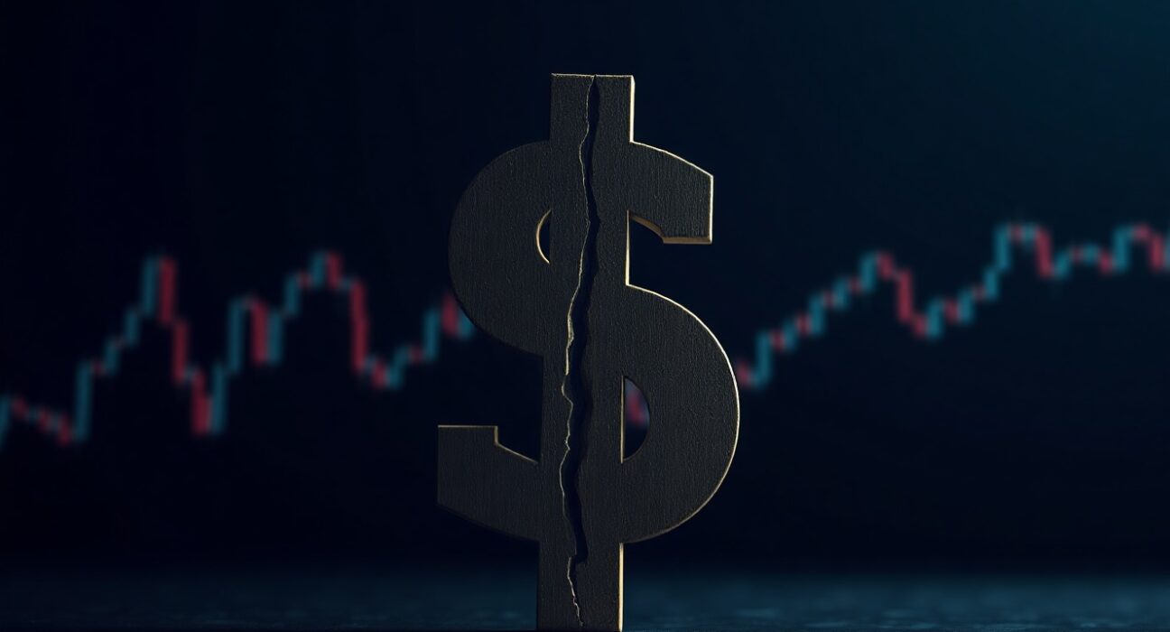Cracked digital dollar symbol representing the apxUSD stablecoin depeg to $0.94.