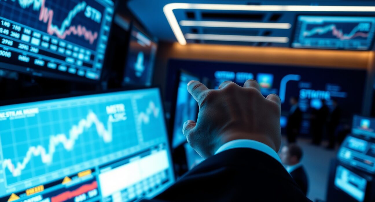 A hand pointing at a financial screen showing MSTR and STRC stock charts on a trading floor.