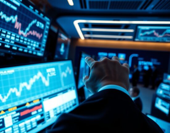 A hand pointing at a financial screen showing MSTR and STRC stock charts on a trading floor.
