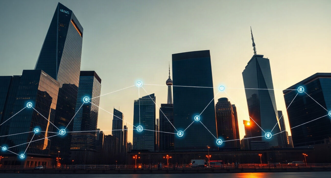 Financial district skyline at dusk with digital blockchain overlay, symbolizing crypto investment and legal issues.