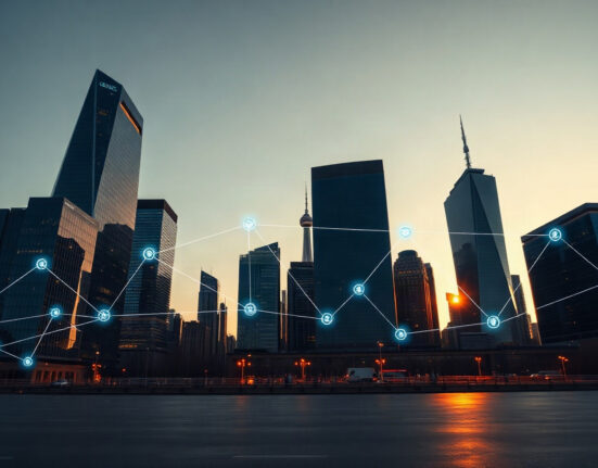 Financial district skyline at dusk with digital blockchain overlay, symbolizing crypto investment and legal issues.