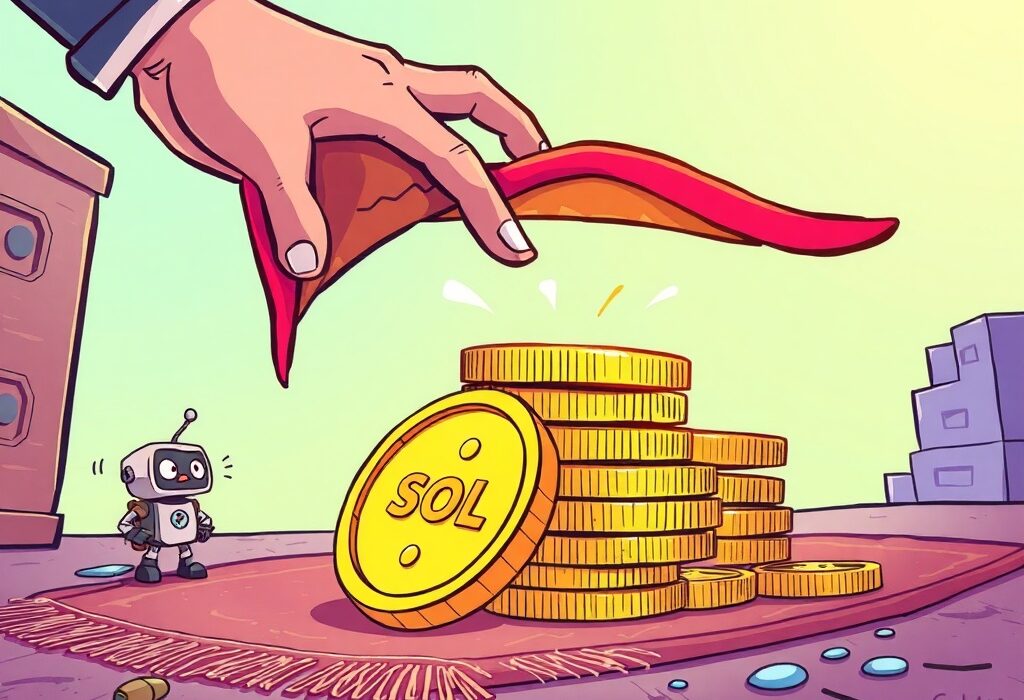 Cartoon showing a digital hand executing an Aqua rug pull, highlighting the risk of crypto scams on Solana.