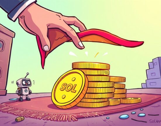 Cartoon showing a digital hand executing an Aqua rug pull, highlighting the risk of crypto scams on Solana.