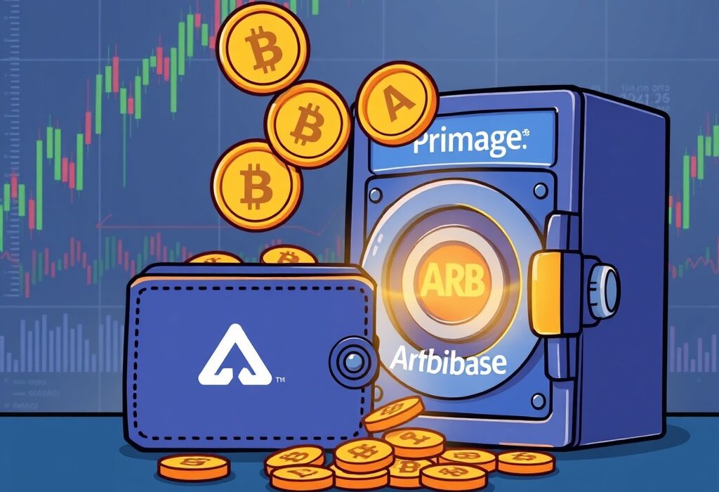 A cartoon illustration showing a large Arbitrum ARB deposit being transferred to a Coinbase Prime vault, highlighting significant crypto movements.
