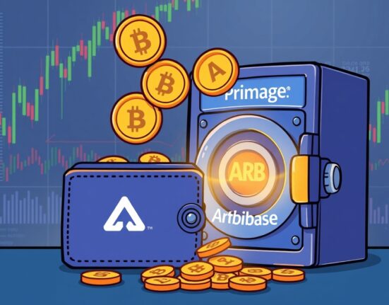 A cartoon illustration showing a large Arbitrum ARB deposit being transferred to a Coinbase Prime vault, highlighting significant crypto movements.