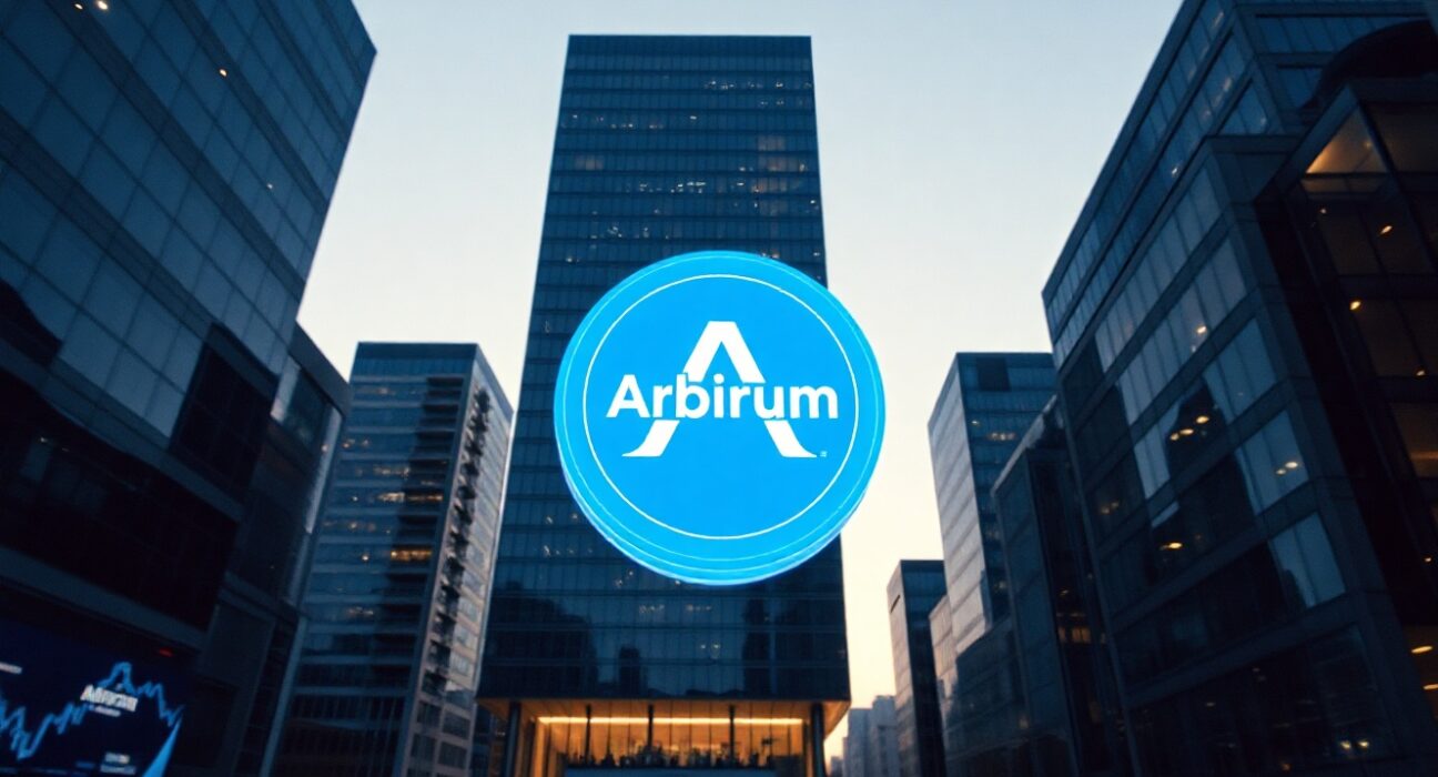 Glowing blue Arbitrum token floating above a modern financial district at twilight, representing the ARB price forecast.