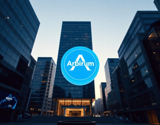 Glowing blue Arbitrum token floating above a modern financial district at twilight, representing the ARB price forecast.