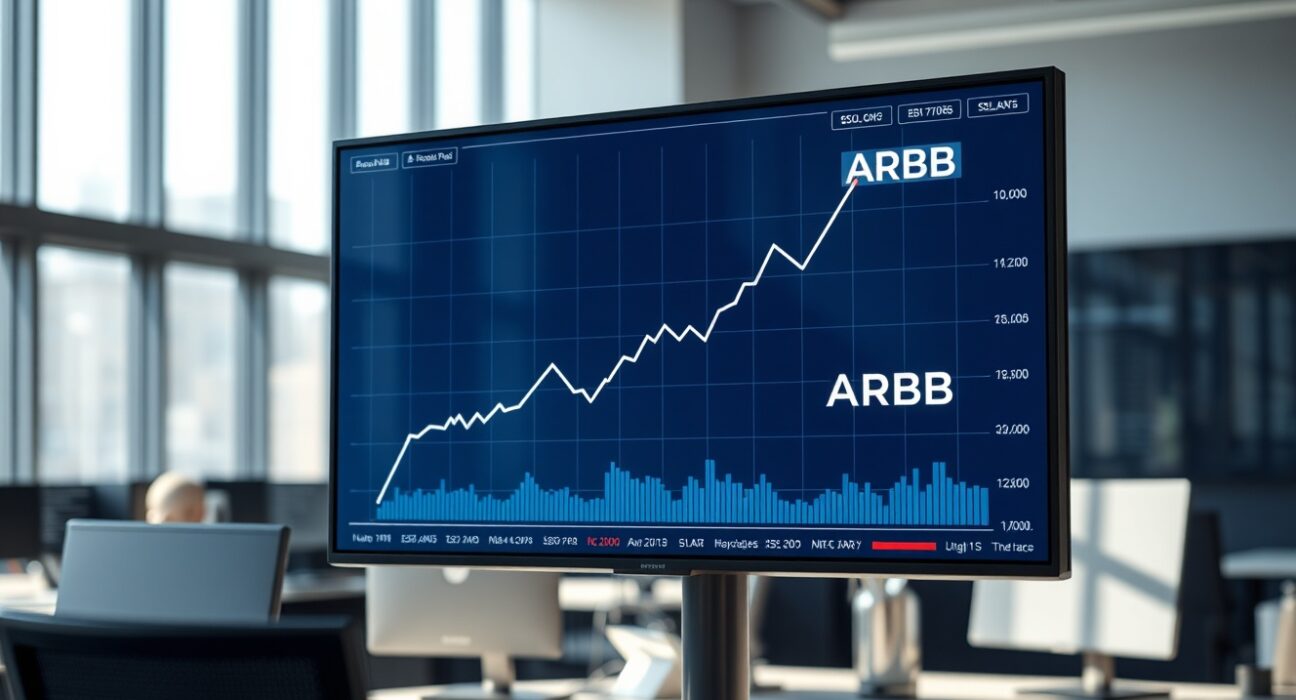 Financial chart with an upward trend and Arbitrum logo on a screen in a modern office
