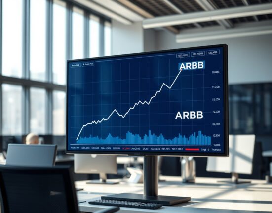 Financial chart with an upward trend and Arbitrum logo on a screen in a modern office
