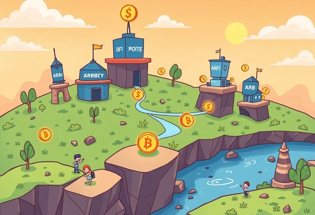 Cartoon illustrating Arbitrum DeFi incentives, showing ARB tokens flowing to lending protocols and users earning rewards.