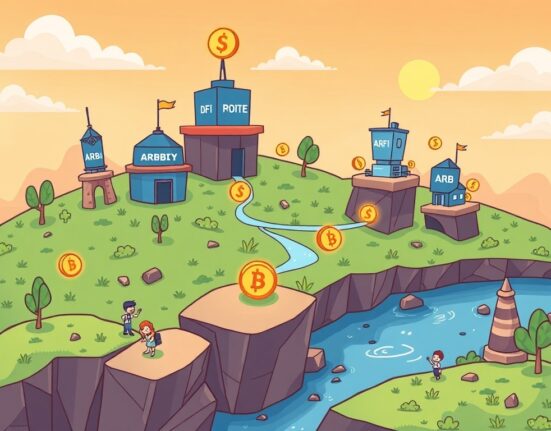 Cartoon illustrating Arbitrum DeFi incentives, showing ARB tokens flowing to lending protocols and users earning rewards.