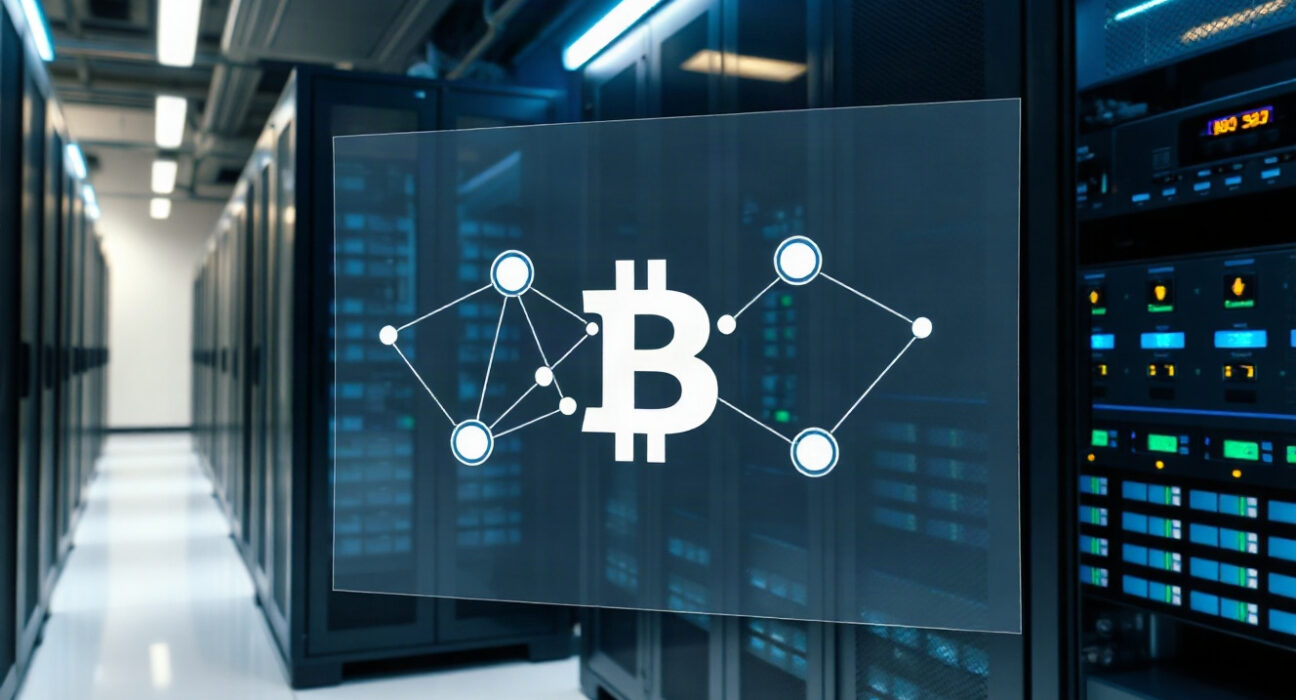 Data center with digital blockchain network overlay representing Arbitrum's enterprise transaction controls.
