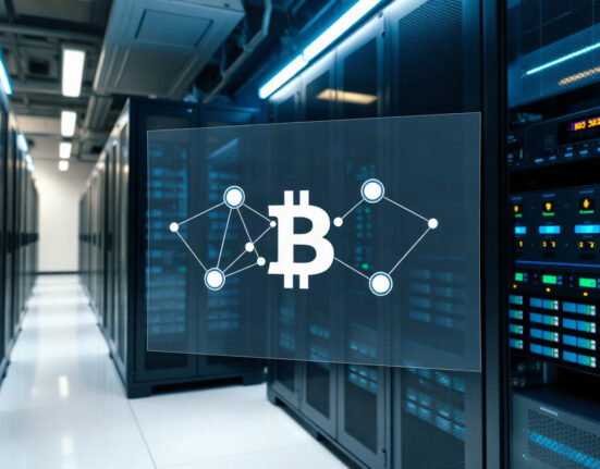 Data center with digital blockchain network overlay representing Arbitrum's enterprise transaction controls.