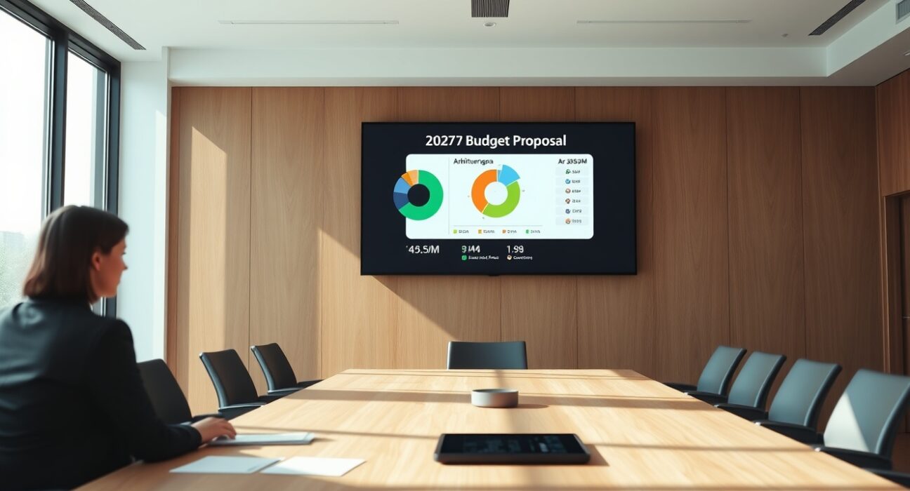 Digital screen showing Arbitrum 2027 budget proposal pie chart in a modern boardroom setting