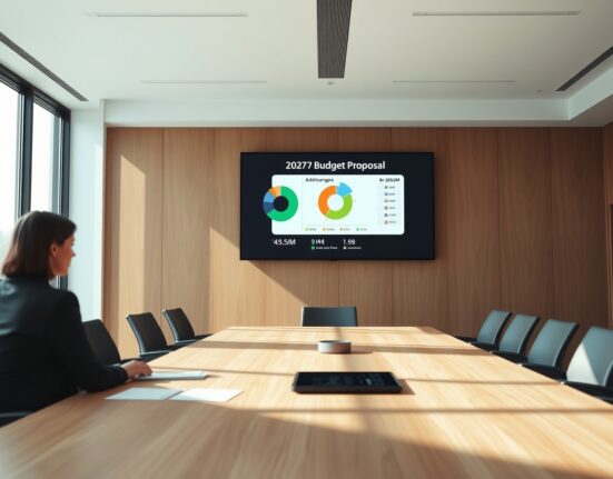 Digital screen showing Arbitrum 2027 budget proposal pie chart in a modern boardroom setting