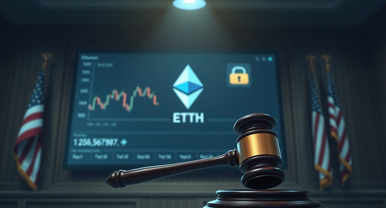 A courtroom gavel and a digital screen showing a frozen Ethereum wallet address, representing the lawsuit over Arbitrum frozen ETH after the Kelp DAO hack.