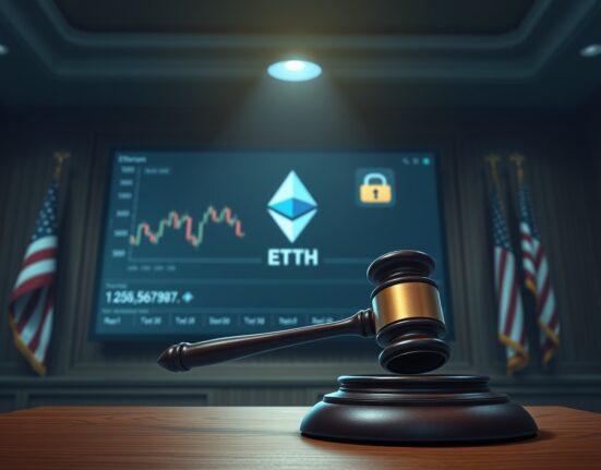 A courtroom gavel and a digital screen showing a frozen Ethereum wallet address, representing the lawsuit over Arbitrum frozen ETH after the Kelp DAO hack.