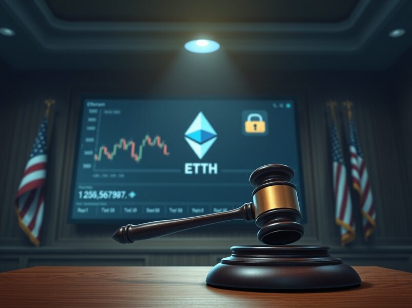 A courtroom gavel and a digital screen showing a frozen Ethereum wallet address, representing the lawsuit over Arbitrum frozen ETH after the Kelp DAO hack.