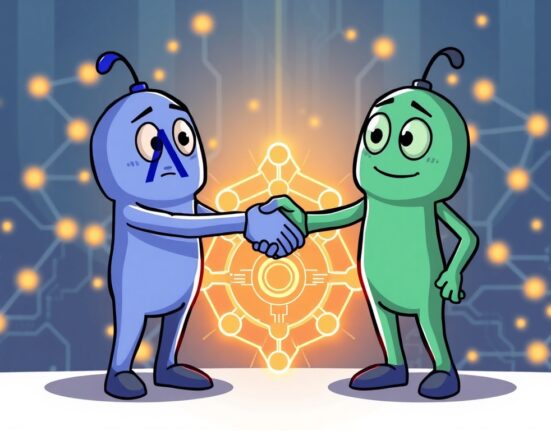 Cartoon illustration of Arbitrum and Succinct collaborating on a glowing Arbitrum zkVM, symbolizing a leap in blockchain scaling.