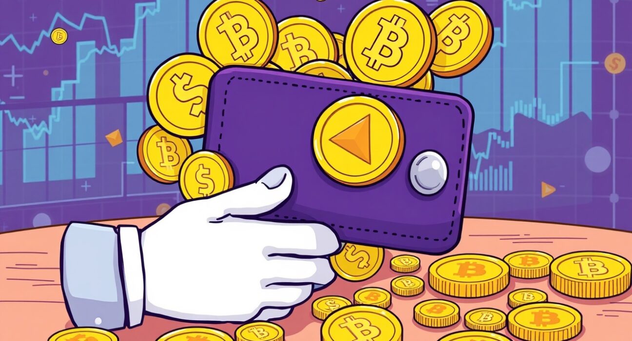 A cartoon illustration showing significant Arca crypto investments, with digital assets like ENA and IMX tokens being accumulated in a wallet.
