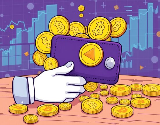A cartoon illustration showing significant Arca crypto investments, with digital assets like ENA and IMX tokens being accumulated in a wallet.