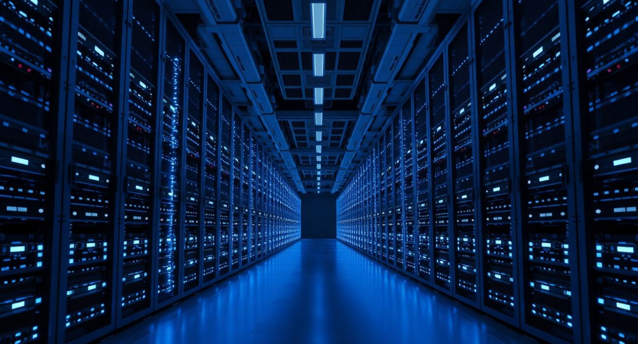 Interior view of a modern data center with rows of server racks and blue LED lighting