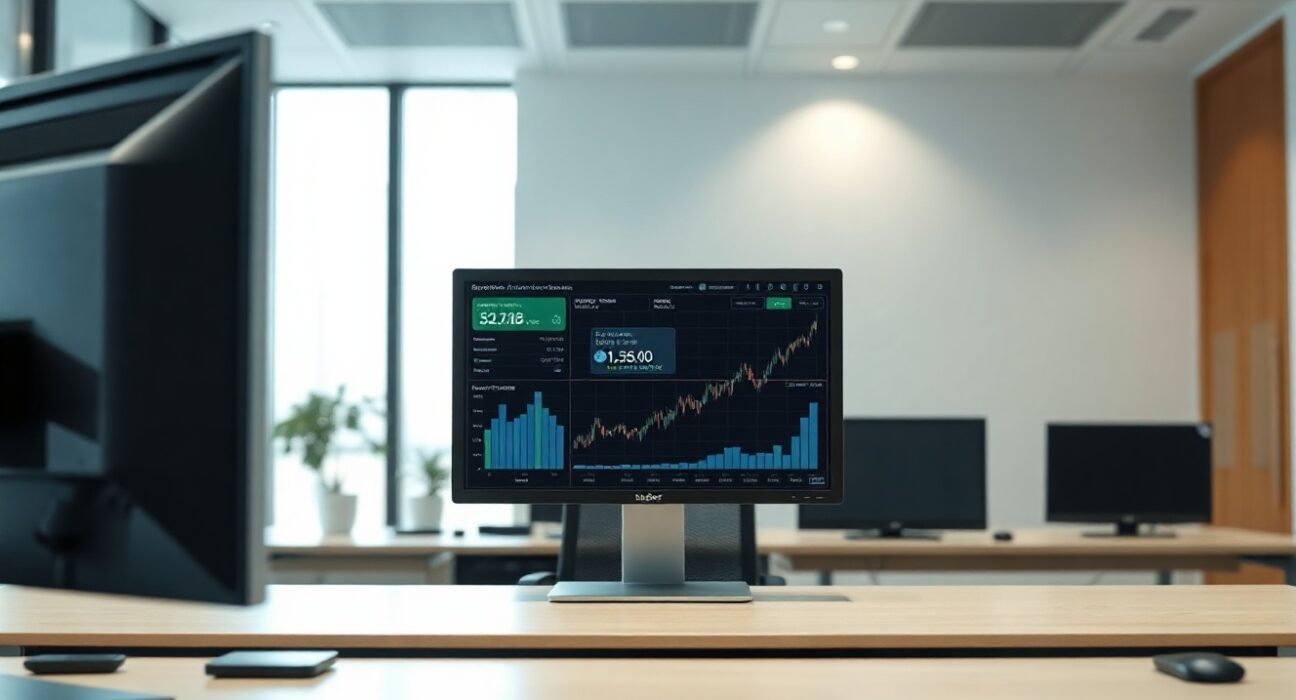 Professional trading desk monitors showing real-time yield payment dashboard for tokenized securities on Hedera network