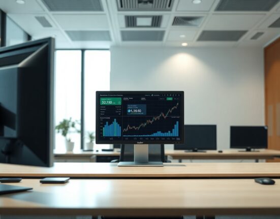 Professional trading desk monitors showing real-time yield payment dashboard for tokenized securities on Hedera network
