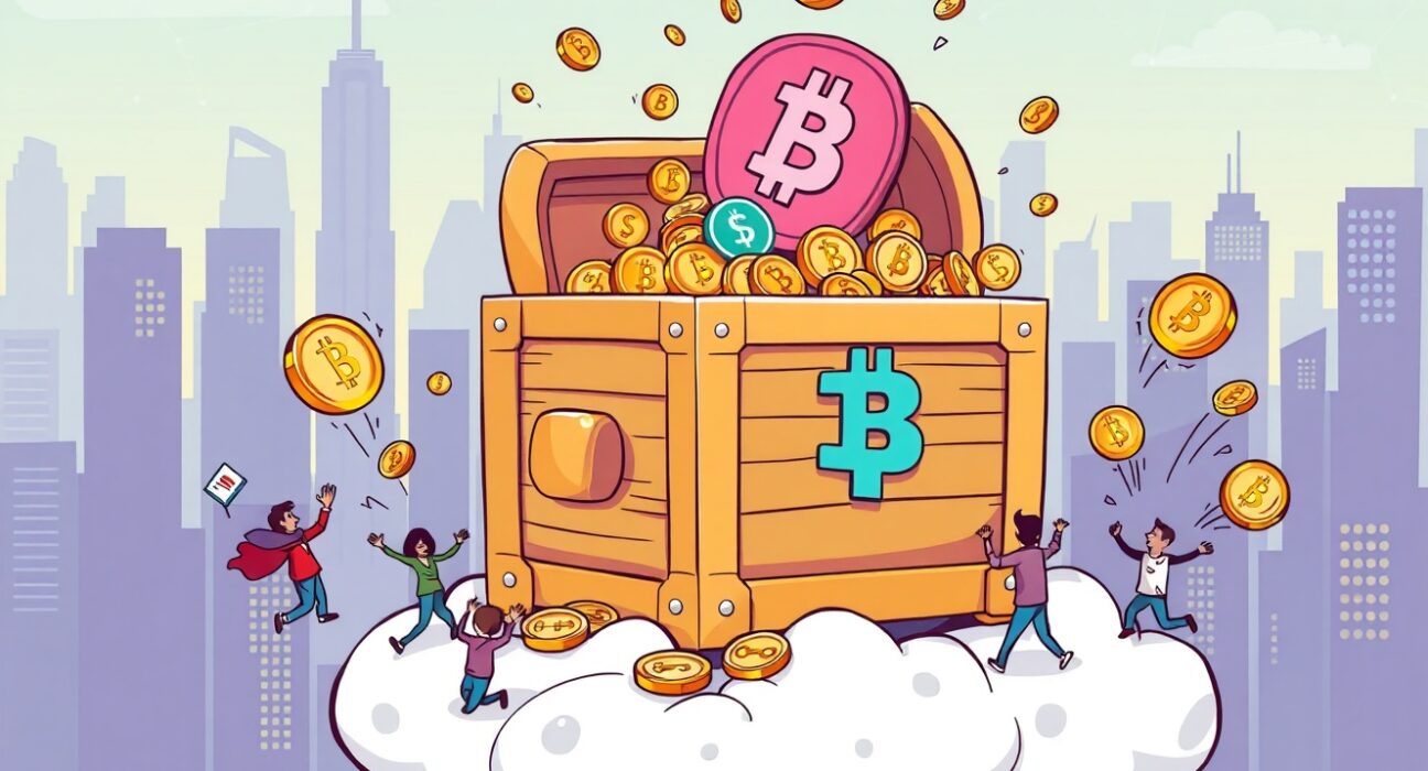 A cartoon illustration showing a large crypto fund represented by a treasure chest, symbolizing new investment in blockchain.