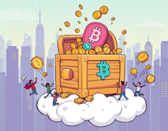 A cartoon illustration showing a large crypto fund represented by a treasure chest, symbolizing new investment in blockchain.