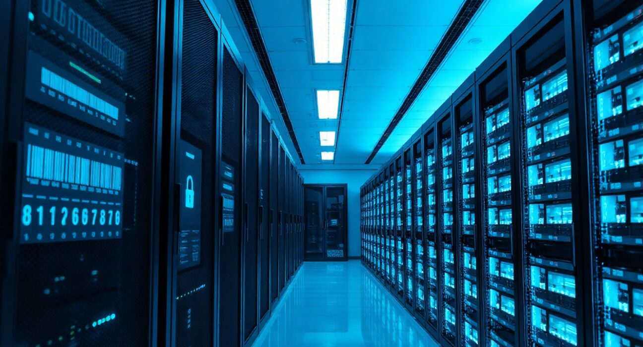 Futuristic data center with blue-lit server racks representing encrypted data processing