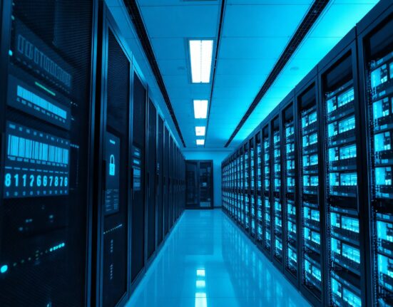 Futuristic data center with blue-lit server racks representing encrypted data processing