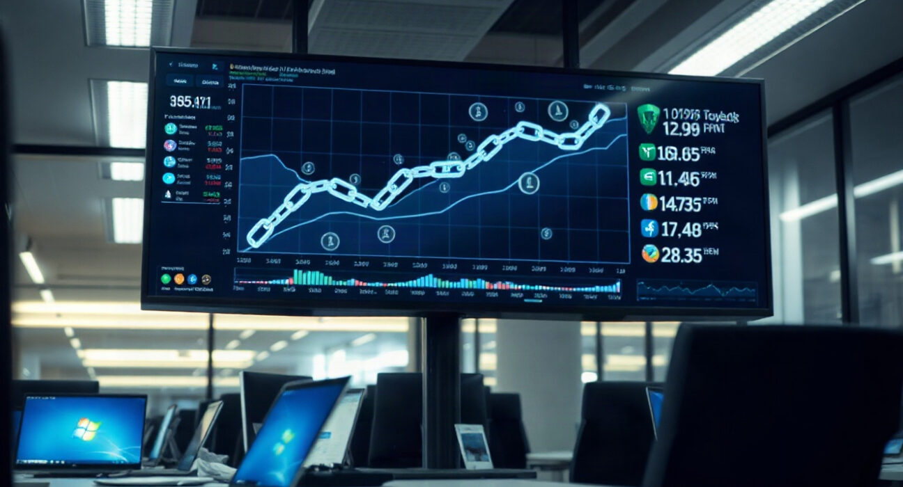 Digital trading interface with tokenized perpetual futures charts on a screen in a newsroom setting.