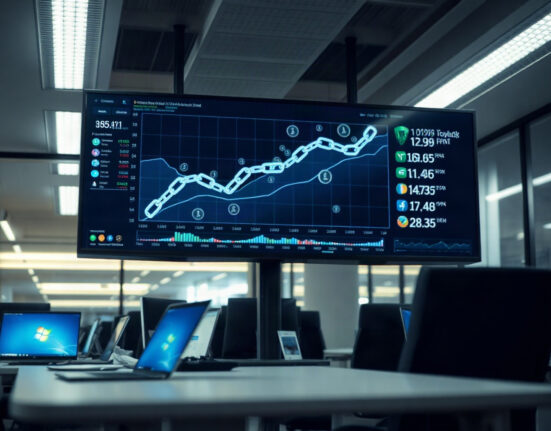 Digital trading interface with tokenized perpetual futures charts on a screen in a newsroom setting.