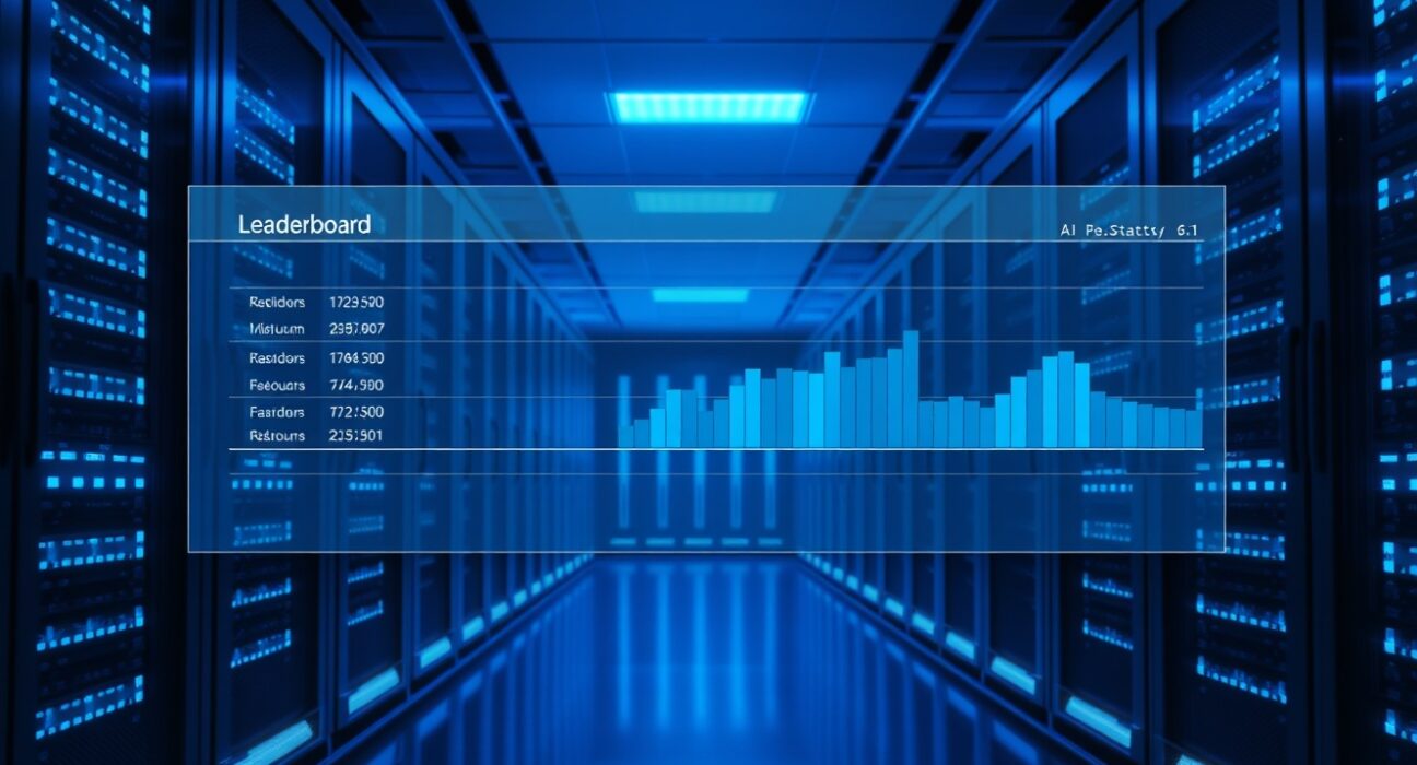 Arena AI leaderboard data center with glowing server racks and digital performance metrics overlay