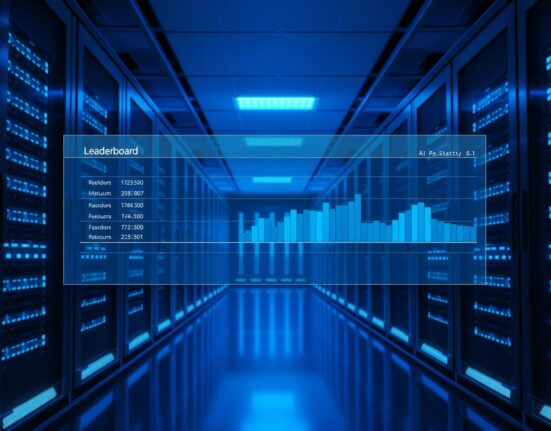 Arena AI leaderboard data center with glowing server racks and digital performance metrics overlay