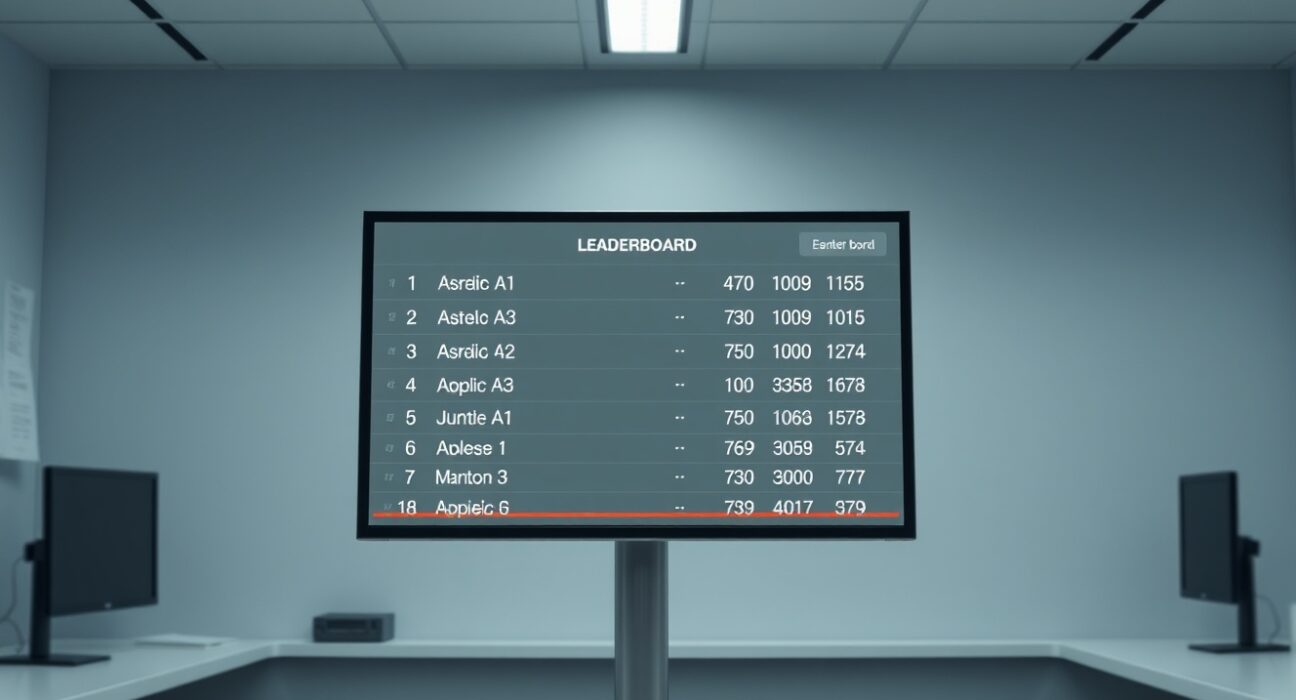 Arena leaderboard display showing ranked AI models in a research laboratory setting