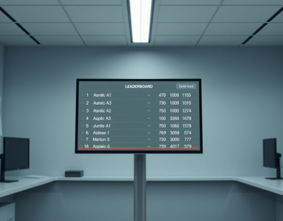 Arena leaderboard display showing ranked AI models in a research laboratory setting