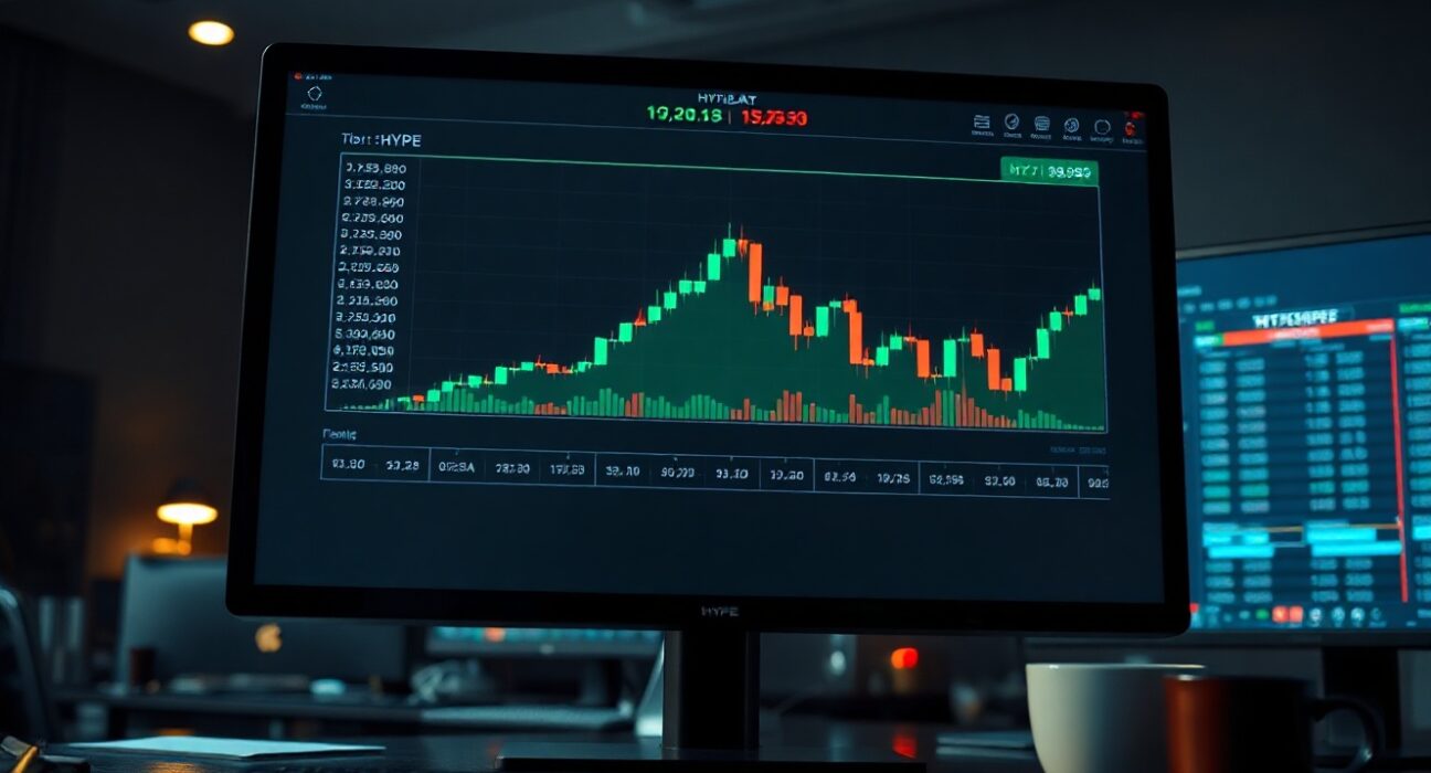 Digital trading screen showing HYPE token price chart with upward trend
