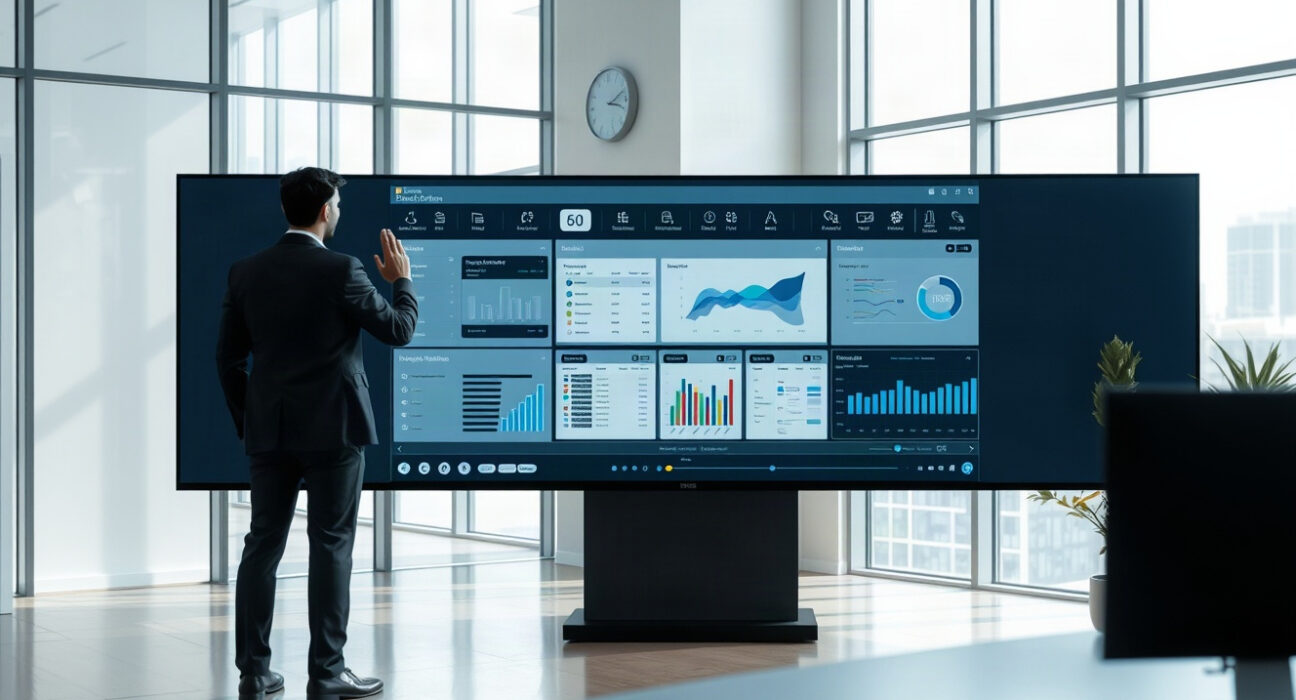 Enterprise AI training environment with digital twin interface on a large screen