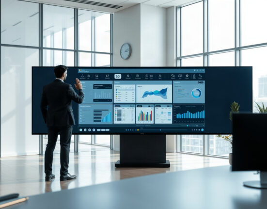 Enterprise AI training environment with digital twin interface on a large screen