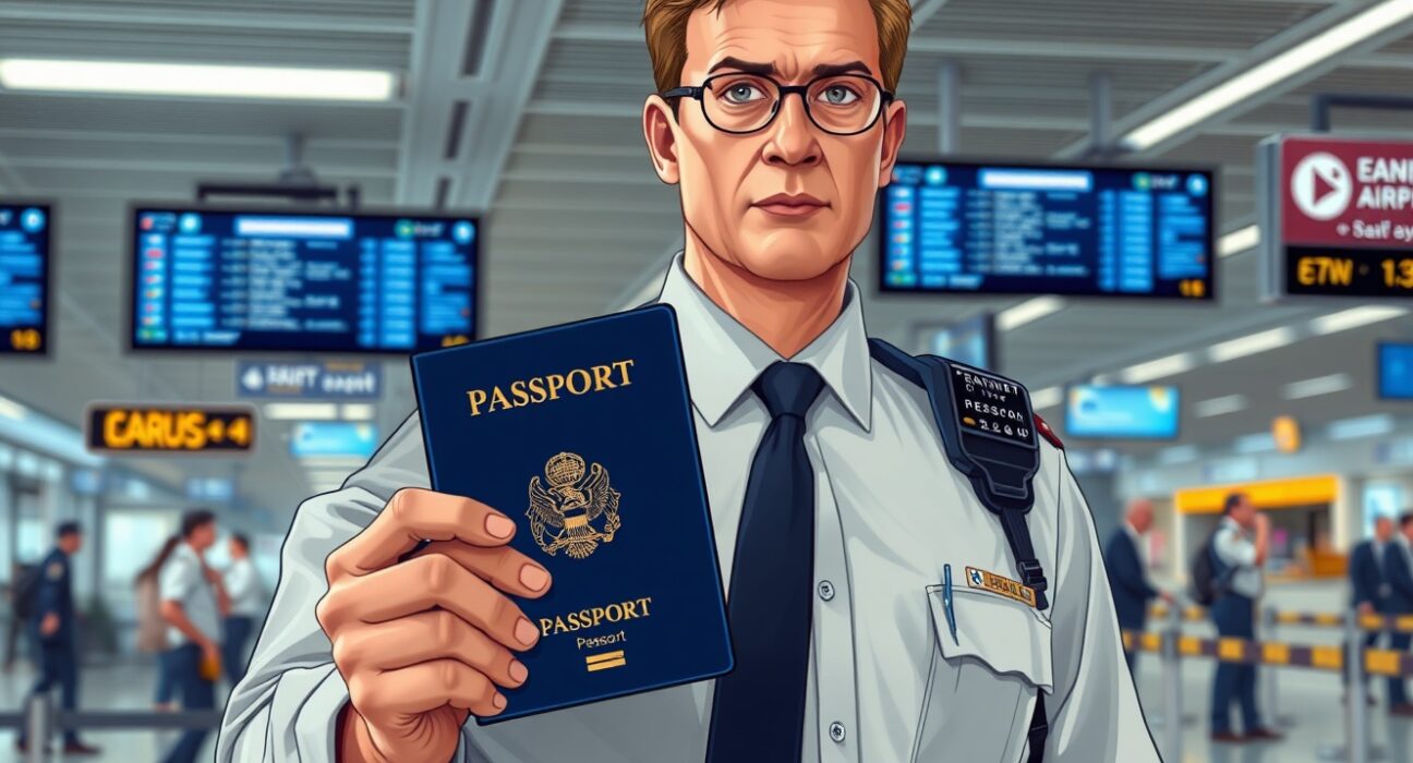 Law enforcement officer at airport in Argentina crypto fraud arrest case involving international extradition.