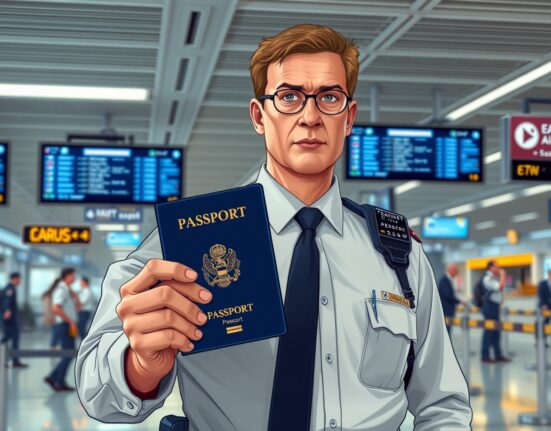 Law enforcement officer at airport in Argentina crypto fraud arrest case involving international extradition.