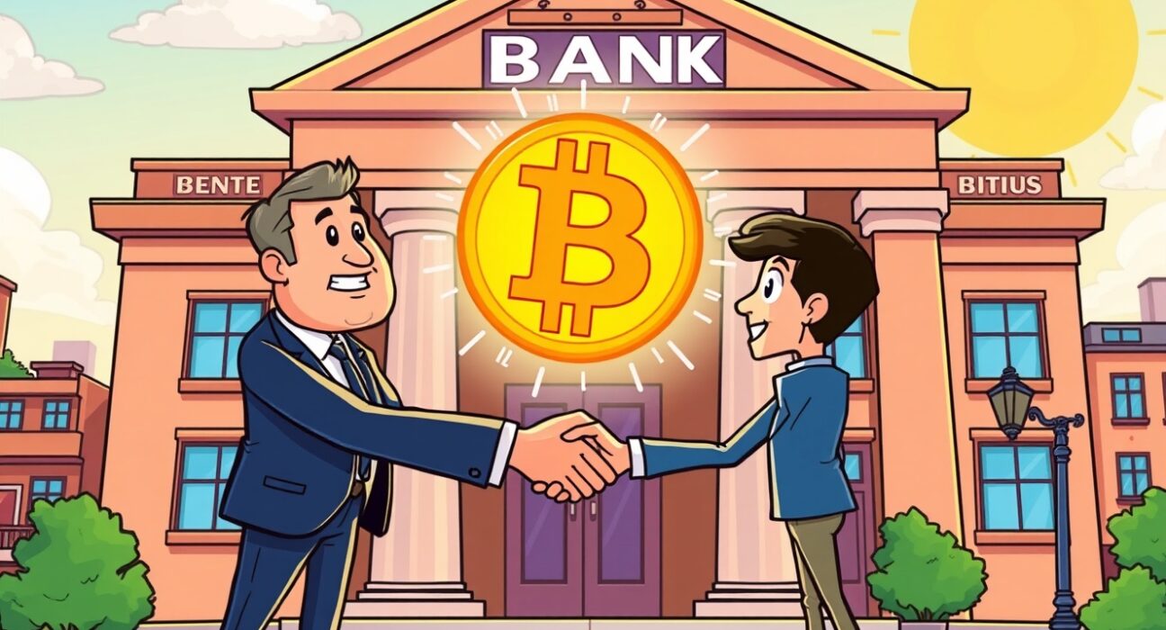 Cartoon illustration of Argentina's central bank integrating crypto services into the traditional financial system.