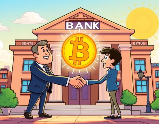 Cartoon illustration of Argentina's central bank integrating crypto services into the traditional financial system.