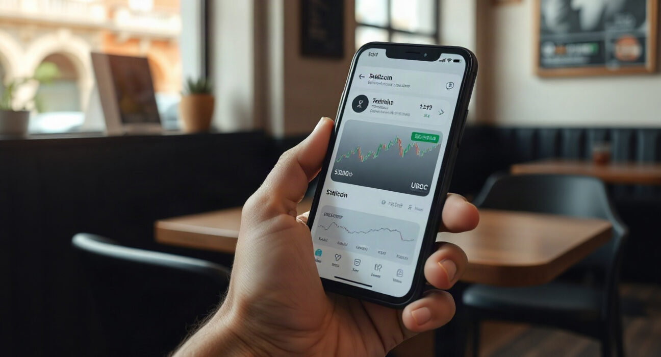 Person using a smartphone with a stablecoin trading app in Buenos Aires