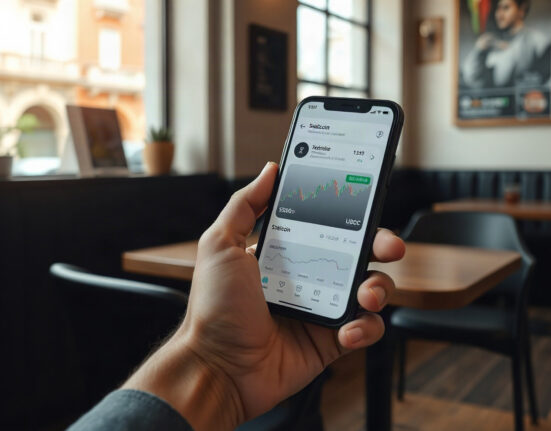 Person using a smartphone with a stablecoin trading app in Buenos Aires