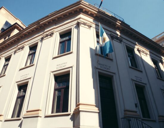 Exterior of Argentina's Ministry of Economy building in Buenos Aires on a sunny day