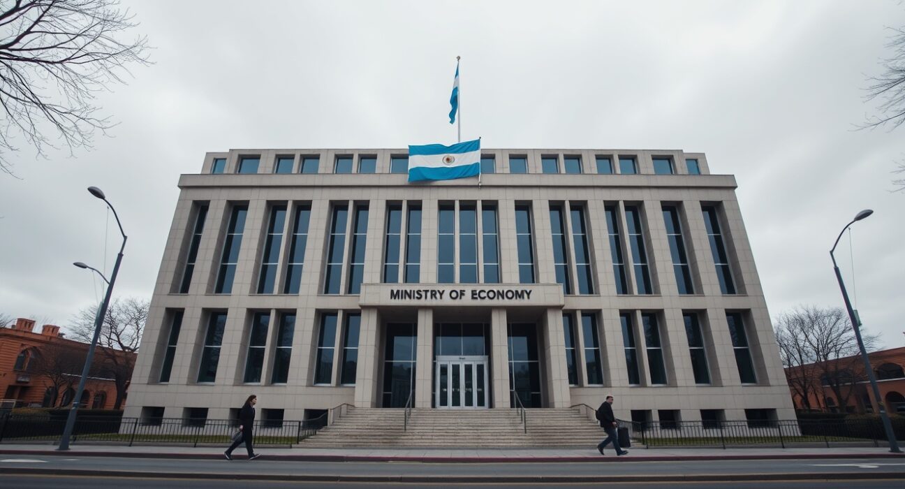 Exterior of the Argentine Ministry of Economy building in Buenos Aires on a cloudy day